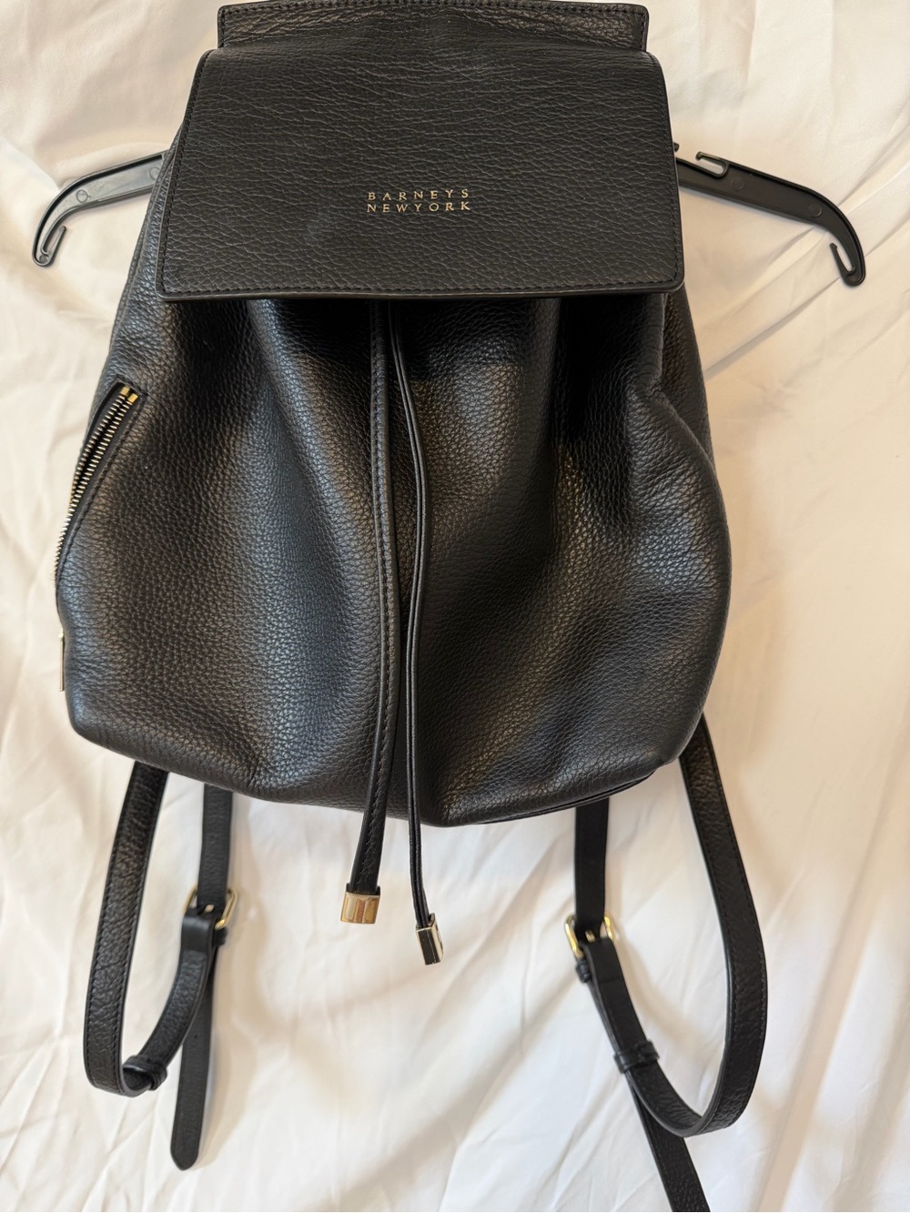 Barneys New York Black Pebbled Leather Drawstring Backpack with Gold Accents